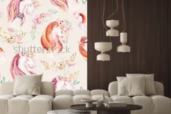 Naklejka: Cute watercolor unicorn seamless pattern with flowers. nursery