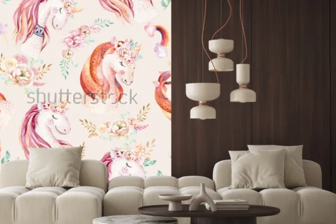 Naklejka: Cute watercolor unicorn seamless pattern with flowers. nursery