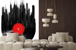 Naklejka: Czarna płyta winylowa z panoramą miasta abstrakcja