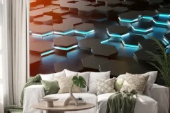 Naklejka: Czarne heksagony z niebieskim neonem