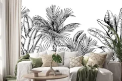 Naklejka: Czarno biały wzór z palmami i liśćmi bananowca