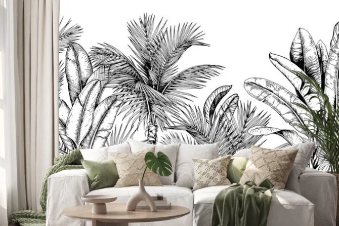 Naklejka: Czarno biały wzór z palmami i liśćmi bananowca