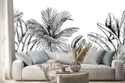 Naklejka: Czarno biały wzór z palmami i liśćmi bananowca