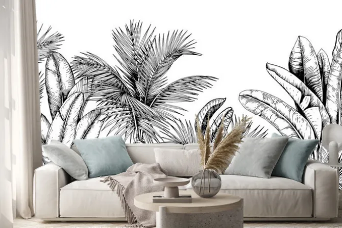 Naklejka: Czarno biały wzór z palmami i liśćmi bananowca