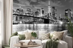 Naklejka: Czarno-biała panorama nowego jorku nocą z mostem brooklińskim