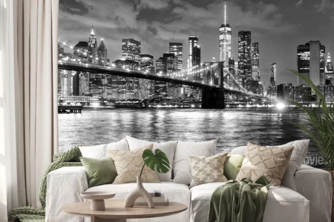 Naklejka: Czarno-biała panorama nowego jorku nocą z mostem brooklińskim