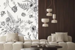 Naklejka: Czarno-biały wzór z piwoniami i tulipanami