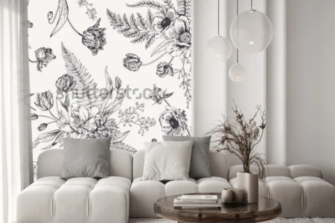 Naklejka: Czarno-biały wzór z piwoniami i tulipanami