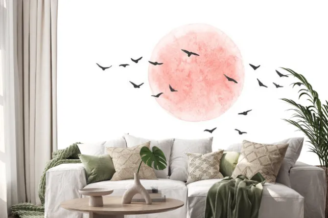 Naklejka: Czerwone słońce i latające ptaki na białym tle