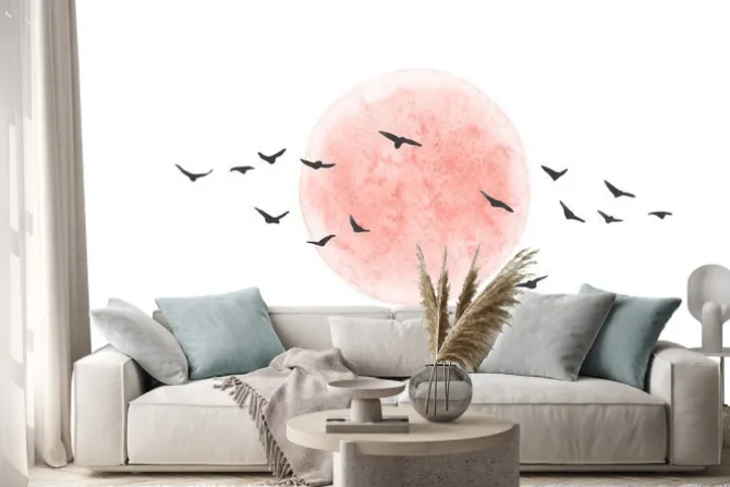 Naklejka: Czerwone słońce i latające ptaki na białym tle