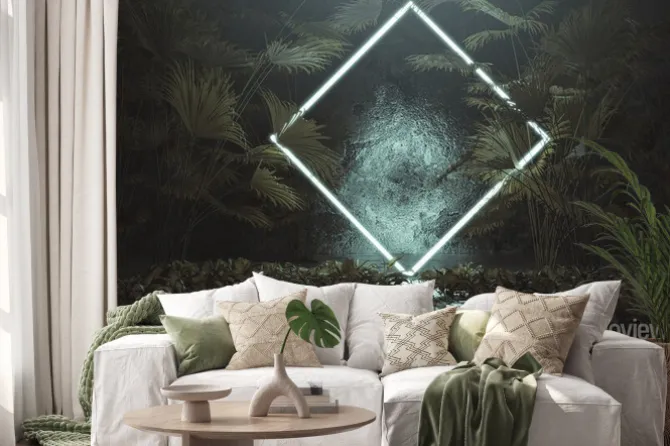 Naklejka: 3d rendering of blue lighten square shape with light beam surrounded