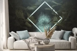 Naklejka: 3d rendering of blue lighten square shape with light beam surrounded