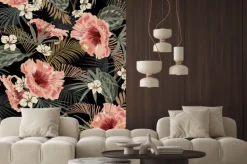 Naklejka: Dark tropical forest at night seamless pattern wallpaper vintage