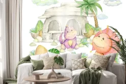 Naklejka: Dinosaurs, a stone house, a palm tree , eggs, shells, leaves,