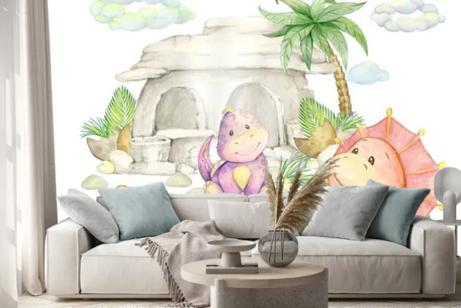 Naklejka: Dinosaurs, a stone house, a palm tree , eggs, shells, leaves,