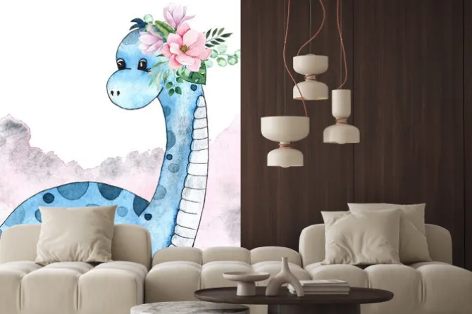 Naklejka: Dinozaur z kwiatami malowany akwarelami