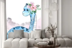 Naklejka: Dinozaur z kwiatami malowany akwarelami