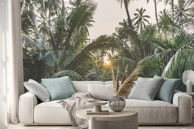 Naklejka: Droga na tropikalnej wyspie wśród palm w stylu retro