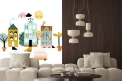 Naklejka: Drukuj miasto kreskówki. dziecinna wektorowa ilustracja z drapaczem