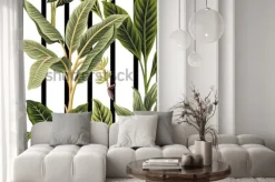 Naklejka: Duże egzotyczne liście na tle czarnych i białych pasów