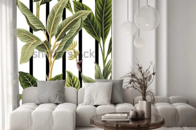 Naklejka: Duże egzotyczne liście na tle czarnych i białych pasów