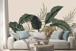 Naklejka: Duże liście palmy i monstery na beżowym tle
