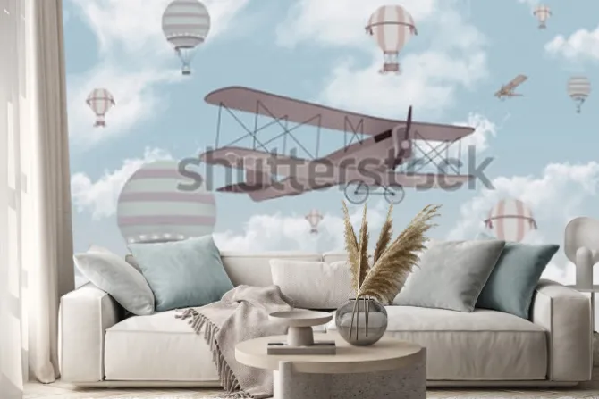 Naklejka: Dwupłatowiec i balony na tle chmur