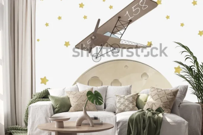 Naklejka: Dziecięca ilustracja z samolotem i księżycem