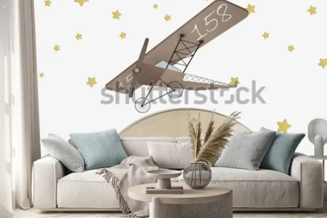 Naklejka: Dziecięca ilustracja z samolotem i księżycem