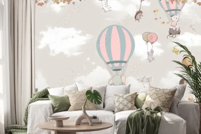 Naklejka: Dziecięca ilustracja ze zwierzętami w balonach