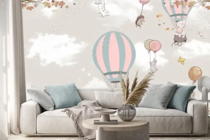 Naklejka: Dziecięca ilustracja ze zwierzętami w balonach