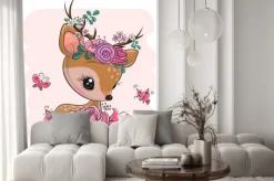 Naklejka: Dziecięca ilustracja z jelonkiem w kwiatach