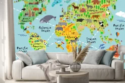 Naklejka: Dziecięca mapa świata z nazwami kontynentów i zwierzętami