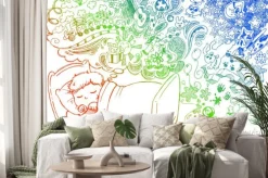 Naklejka: Dziecko w łóżku marzy o zabawkach i zabawnych rzeczy