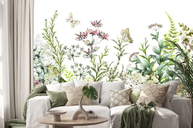 Naklejka: Dzikie kwiaty malowane akwarelą i motyle