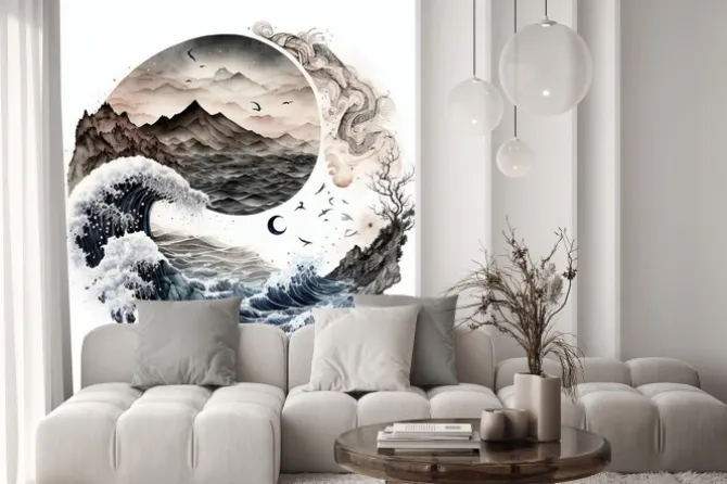 Naklejka: Fala i góry w stylu yin yang z ptakami