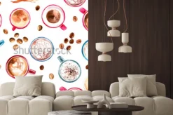 Naklejka: Filiżanki kawy tworzące wzór w stylu akwarelowym