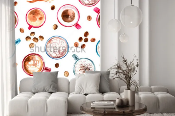 Naklejka: Filiżanki kawy tworzące wzór w stylu akwarelowym