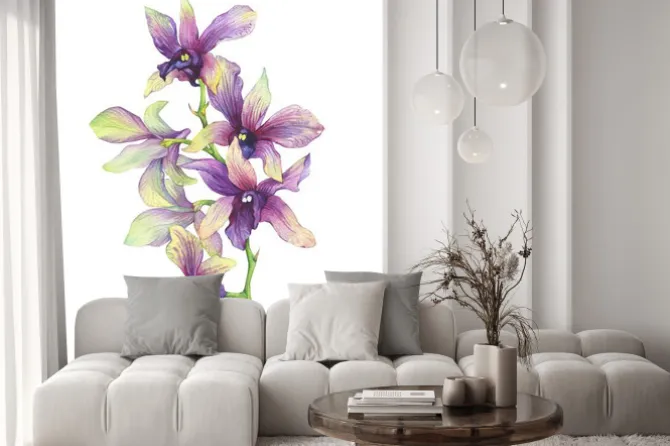 Naklejka: Fioletowa orchidea namalowana akwarelą