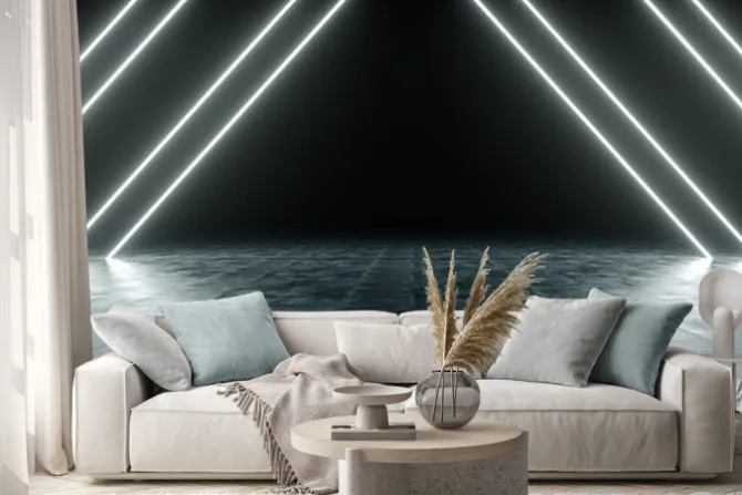 Naklejka: Futurystyczny sci fi trójkąt biały neon tube lights świecące