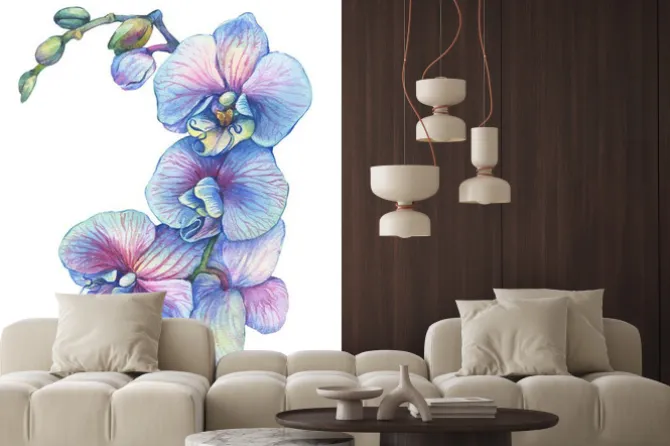 Naklejka: Gałąź kwitnąca tropikalna błękitna kwiat orchidea (phalaenopsis