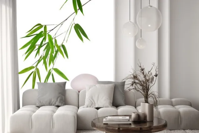 Naklejka: Gałązka bambusa i kopczyk z białych kamieni zen