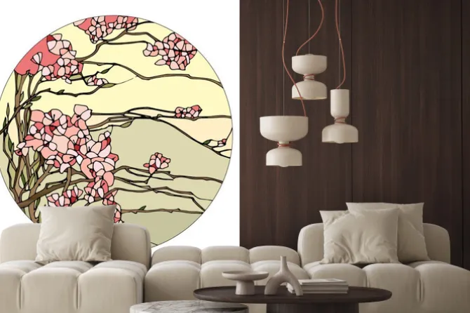 Naklejka: Gałązki kwitnącej wiśni w formie witrażu