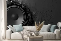 Naklejka: Głośnik na czarnym tle ściany. 3d ilustracji