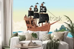 Naklejka: Group of cartoon pirates on a ship at the sea