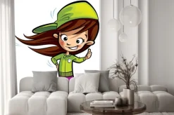 Naklejka: Happy cute girl na deskorolce dokonywania kciuki gest