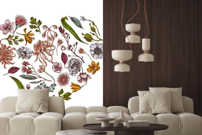 Naklejka: Heart floral design with colored japanese chrysanthemum, blackberry