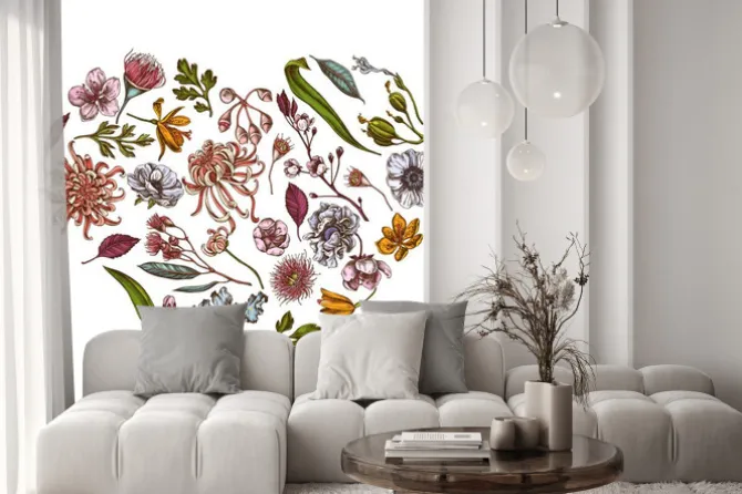 Naklejka: Heart floral design with colored japanese chrysanthemum, blackberry