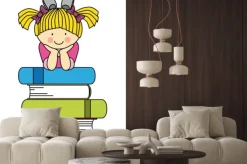 Naklejka: Ilustracja dla dzieci z dziewczynką i książkami