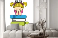Naklejka: Ilustracja dla dzieci z dziewczynką i książkami